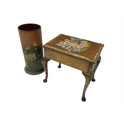 Painted tin stick stand, with dandelion decoration (H62cm); Piano stool, rectangular hinged seat with tapestry fabric, raised on cabriole supports (53cm  H54cm)