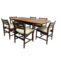 Mid 20th century teak extending dining table with additional leaf, and set six mid 20th century teak chairs with horizontal slatted back, the seat upholstered in cream patterned fabric