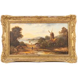 Manner of George Augustus Williams (British 1814-1901): Dutch River Landscape with Windmill, oil on canvas signed GWW 24cm x 44cm
