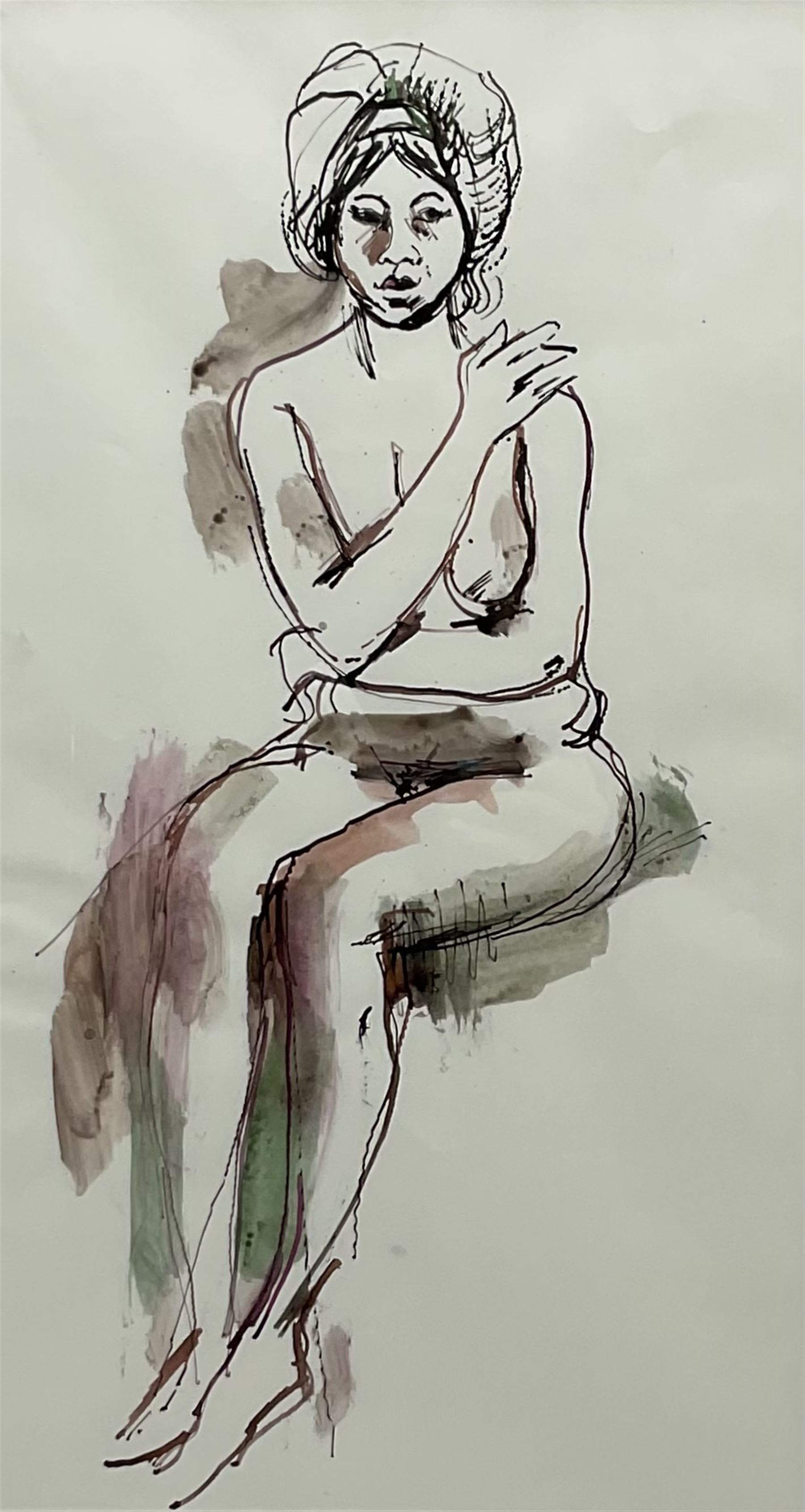 Peter Collins ARCA (British 1923-2001): Seated Nude with Headscarf, pen ink and wash 44cm x 23cm 
Provenance: artist's studio sale: The late Georgina and Peter Collins Collection, 'The Contents of Stanley Studios, Chelsea'; with Sulis Fine Art