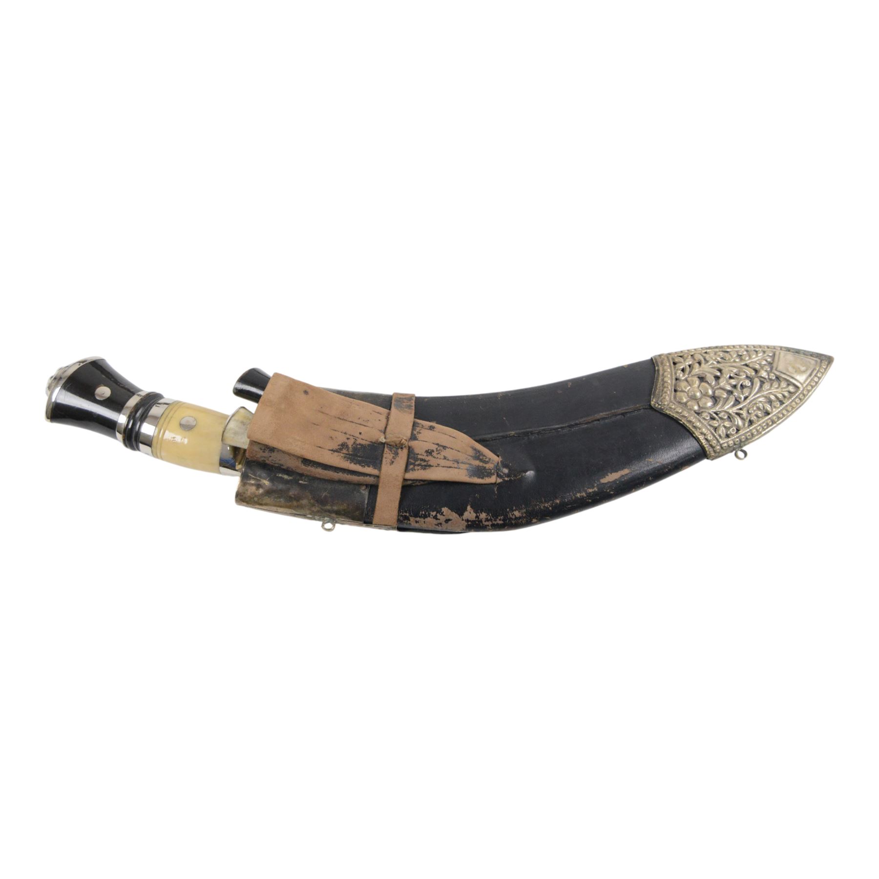 Pair of kukri knives, with with ebonised and bone handles, with two smaller knives, with a leather scabbard with floral silvered decoration, L44cm