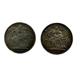 King George IV 1822 silver crown coin and Queen Victoria 1887 crown coin previously mounted (2)