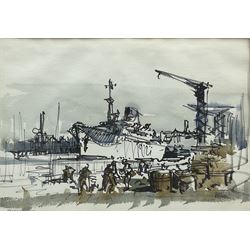 Harry Hudson Rodmell (British 1896-1984): Steam Ship in Port, watercolour and ink signed and inscribed 'Demonstration' 25.5cm x 36.5cm 