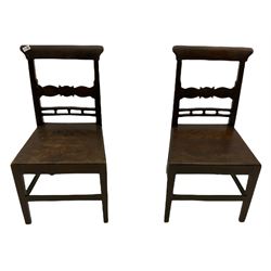 Pair 19th century country elm chairs, cresting rails over shaped middle rails and plank seats, square tapering supports joined by plain stretcher rails