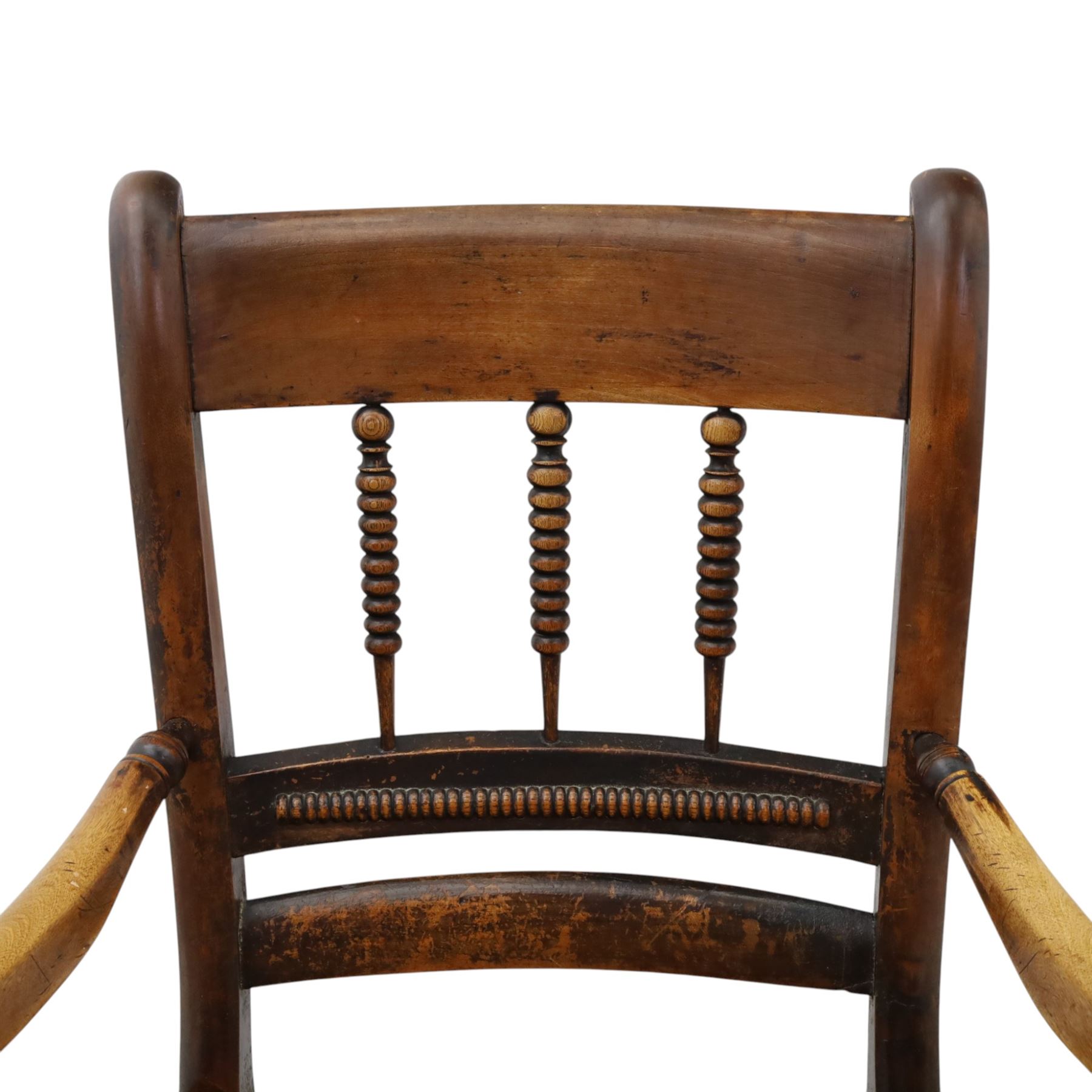 19th century elm chair, with curved top rail and bobbin turned spindles, woven rush seat, on turned legs united by front stretcher
