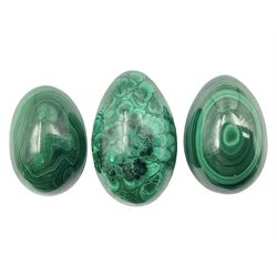 Three malicate specimen eggs, originally part of the collection of the late Stanley J Seeger, largest H7cm