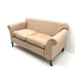 Early 20th century drop arm two seat sofa, scrolling arm, cabriole legs, W165cm