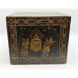 Large early 19th century tea box with chinoiserie decoration, the front hand painted with figures carrying a sedan chair, the back with figures taking tea within a garden setting, shaded by a figure with parasol, with gilt borders, the hinged cover opening to reveal remnants of zinc liner, H26.5cm W30.5cm D26.5cm