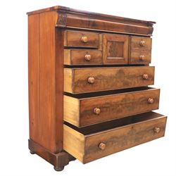 Victorian Scottish mahogany chest, cushion drawer over assorted small drawers and three long drawers, all with flame veneered fronts, turned wooden handles