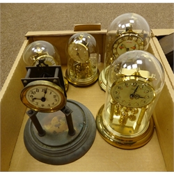  Brass carriage timepiece, four Anniversary type clocks under domes and a collection of alarm,mantel and wall clocks  