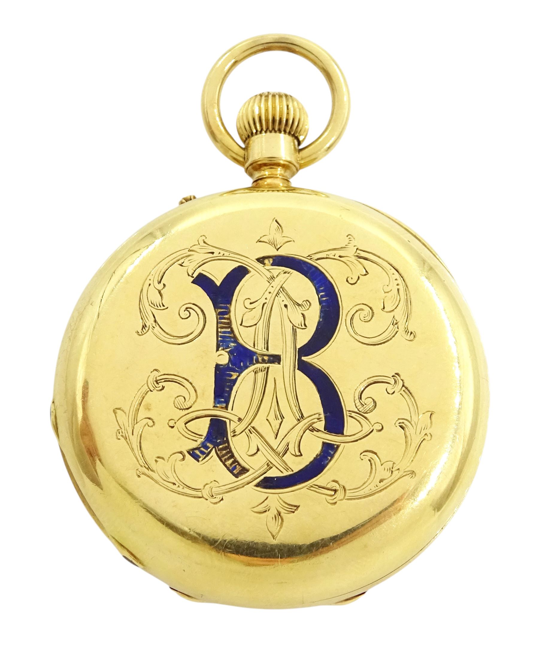 Victorian 18ct gold half hunter keyless lever pocket watch by Le Roy et Fils, Paris, No. 48021, white enamel dial with Roman numeral hour markers, back case monogrammed with initials, the 'B' with blue enamel, case stamped 18K