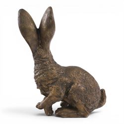 Bronzed figure of a seated hare, together with figure of a duck, hare H31cm 