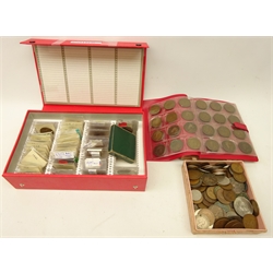  Collection of mostly Great British coins including King Edward VII and later pennies, 1953 coin year set in plastic wallet, 1940 silver threepence, in a fitted red box with number key, Churchill crowns and other coinage  
