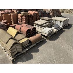 Quantity of stone and terracotta coping and ridge tiles, and six highway curb stones, on three pallets - THIS LOT IS TO BE VIEWED AND COLLECTED BY APPOINTMENT FROM THE CAYLEY ARMS, HIGH STREET, BROMPTON-BY-SAWDON, YO13 9DA