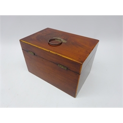  George III figured mahogany and satinwood strung tea caddy, ivory inlaid escutcheon, plated loop handle and fitted interior with rectangular caddy and glass mixing bowl, L22cm x H15cm   