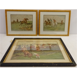  'Scenes with the Old Mickledale Hunt..', two 19th century chromolithographs after Randolph Caldecott 23cm x 31cm and The Steeplechase, Edwardian chromolithograph pub. Elliman & Sons, Slough 31cm x 46cm (3)   
