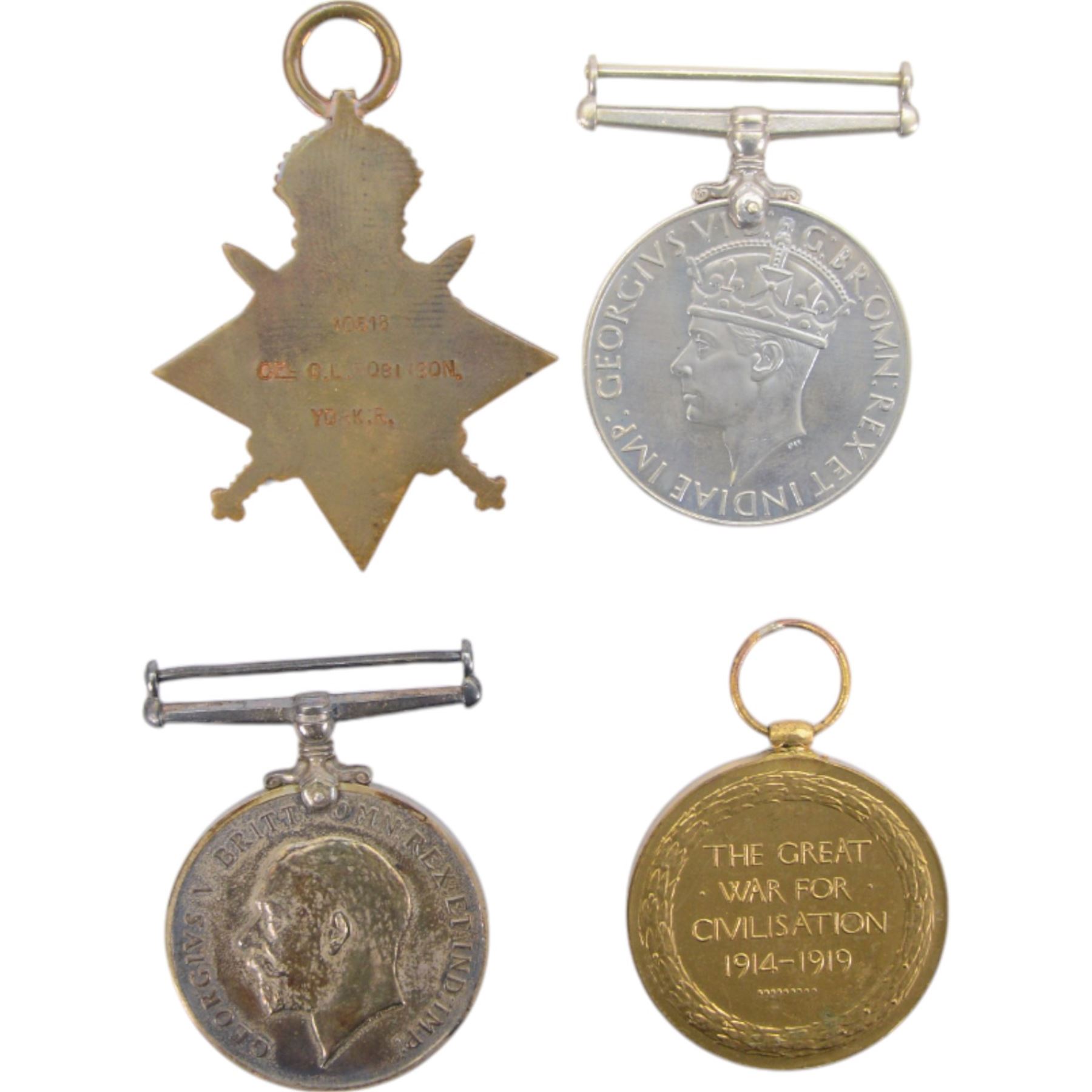WWI trio of medals, comprising British War Medal, Victory Medal, 1914-15 Star, awarded to 10518 Cpl C.L.Robinson York.R, with the original Record Office letter sent with the British War Medal and 1914-15 Star, together with WWII War Medal awarded to 1101204 Sgt Naylor in box of issue 