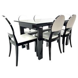 Casabella Dolce Vita black gloss and glass extending dining table, rectangular, and set six chairs black and white dining chairs