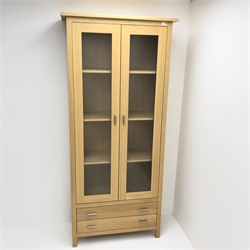 G-Plan oak display cabinet, two glazed doors enclosing two shelves above two drawers, stile supports, W92cm, H203cm, D37cm