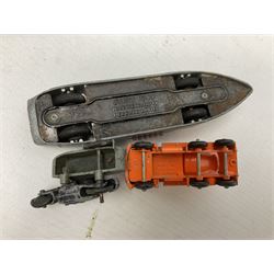 Dinky - sixteen unboxed and playworn die-cast models including Foden lorry, Big Bedford lorry with Halesowen Farm Trailer, Thunderbolt land speed record car, Spirit of the Wind racing car, market garden truck, Bedford tipper, station wagon, tanker, motorcycle combination etc; two Corgi models; and five Matchbox/Lesney models (23)