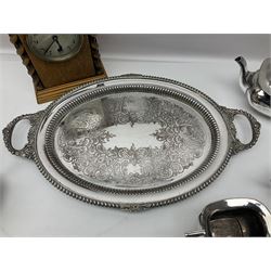 Walker and Hall silver plated tea set, comprising coffee pot, teapot, milk jug and sucrier, together with silver plated tray and a wooden clock with barley twist decoration, clock H28cm