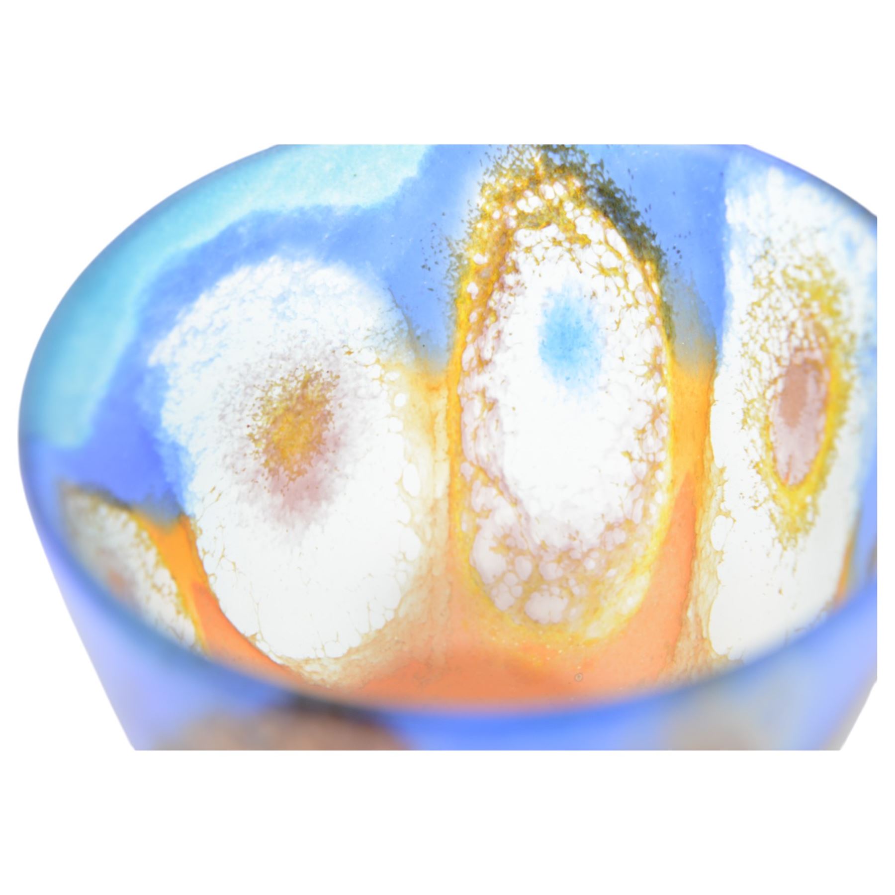 Pauline Solven, studio glass bowl decorated with abstract circular pattern upon blue and orange grounds, H11cm, D15cm 