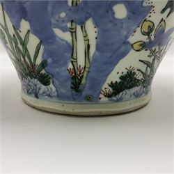 19th century Chinese Wucai vase and cover, decorated  with peacock on blue rockwork and other birds flying amongst tree peonies, H43cm