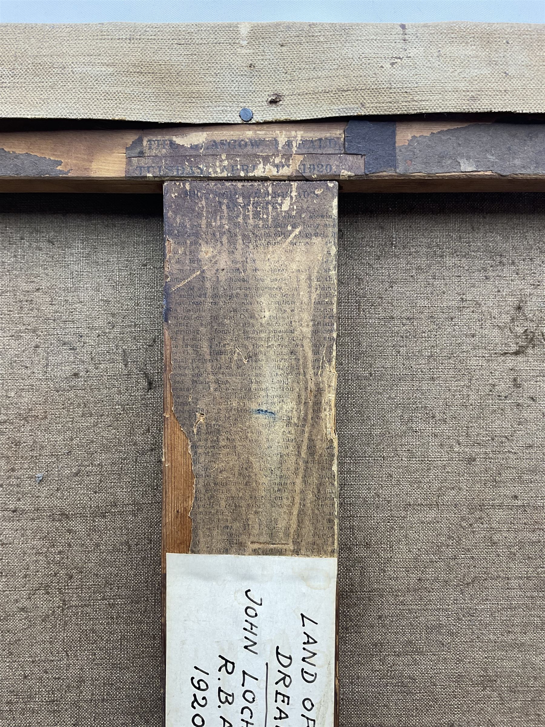 John Lochhead RBA (Scottish 1866-1921): 'Land of Happy Dreams' on the banks of the Great Ouse, oil on canvas signed, titled and dated 1920 verso 107cm x 122cm (unframed)
Notes: period newspaper cutting verso giving details of the artist's studio and referring to the 'Land of Happy Dreams' as his largest work