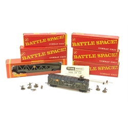 Tri-ang/Hornby '00' gauge - Battle Space 'G10' 'Q' car; Assault Tank Transporter; Tank Recovery car; Exploding car; and Sniper car, all boxed; and Plane Launching car in associated box (6)