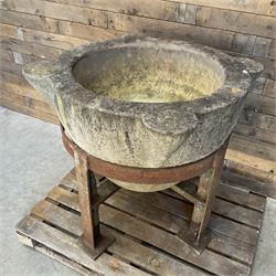 Large 19th century circular stone mortar planter on wrought iron stand