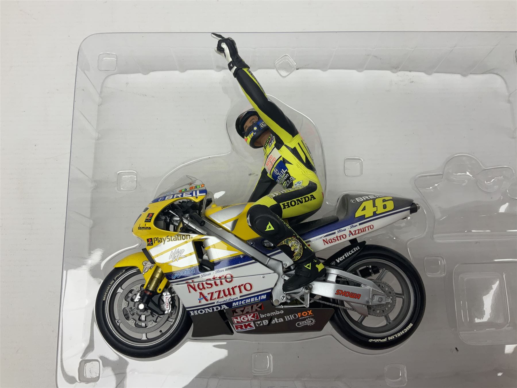 Two Minichamps limited edition Valentino Rossi Collection 1:12 scale die-cast motorcycles - Honda NSR500 Valentino Rossi Team Nastro Azzurro GP Donington 2000 with rider; and Honda NSR500 Valentino Rossi Team Azzurro GP Mugello 2001 Dirty Version; both boxed (2)