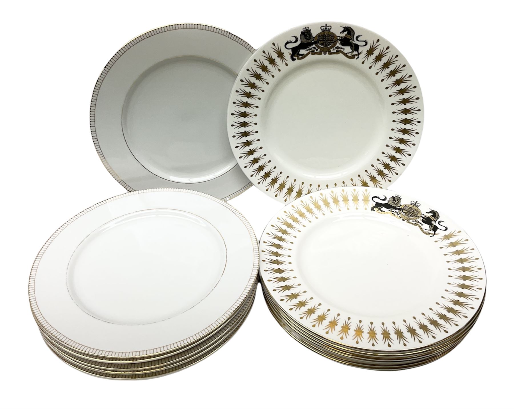 Seven Minton dinner plates, with gilt decoration and the Royal crest, together with six Royal Doulton plates in Paramount Gold pattern