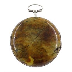 18th century silver and tortoiseshell quadruple cased verge fusee pocket watch by Graham, London, square baluster pillars, pierced and engraved balance cock, signed white enamel dial with Roman numerals and Fleur de Lys decoration, tortoiseshell third outer case with pique work to the borders, in a fitted later white metal fourth case