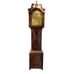 Mahogany - longcase clock with an eight day movement and brass dial, with a swans necked pediment and ball and eagle finial, break arch hood door, trunk with canted corners and along door, on a rectangular plinth with moulding , raised on bracket feet, brass dial with spandrels, chapter ring, seconds dial and steel hands, dial pinned via a false plate to a rack striking movement. With pendulum Key and weights. 
