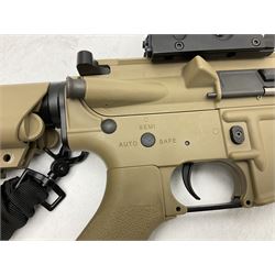 Combat Machine lithium battery powered airsoft BB rifle, 'Complete AEG Series' to fire 5mm pellets, with adjustable length stock L69cm non-extended; with six magazines, Trijicon ACOG red dot telescopic sight, battery charger etc (NO BATTERIES)