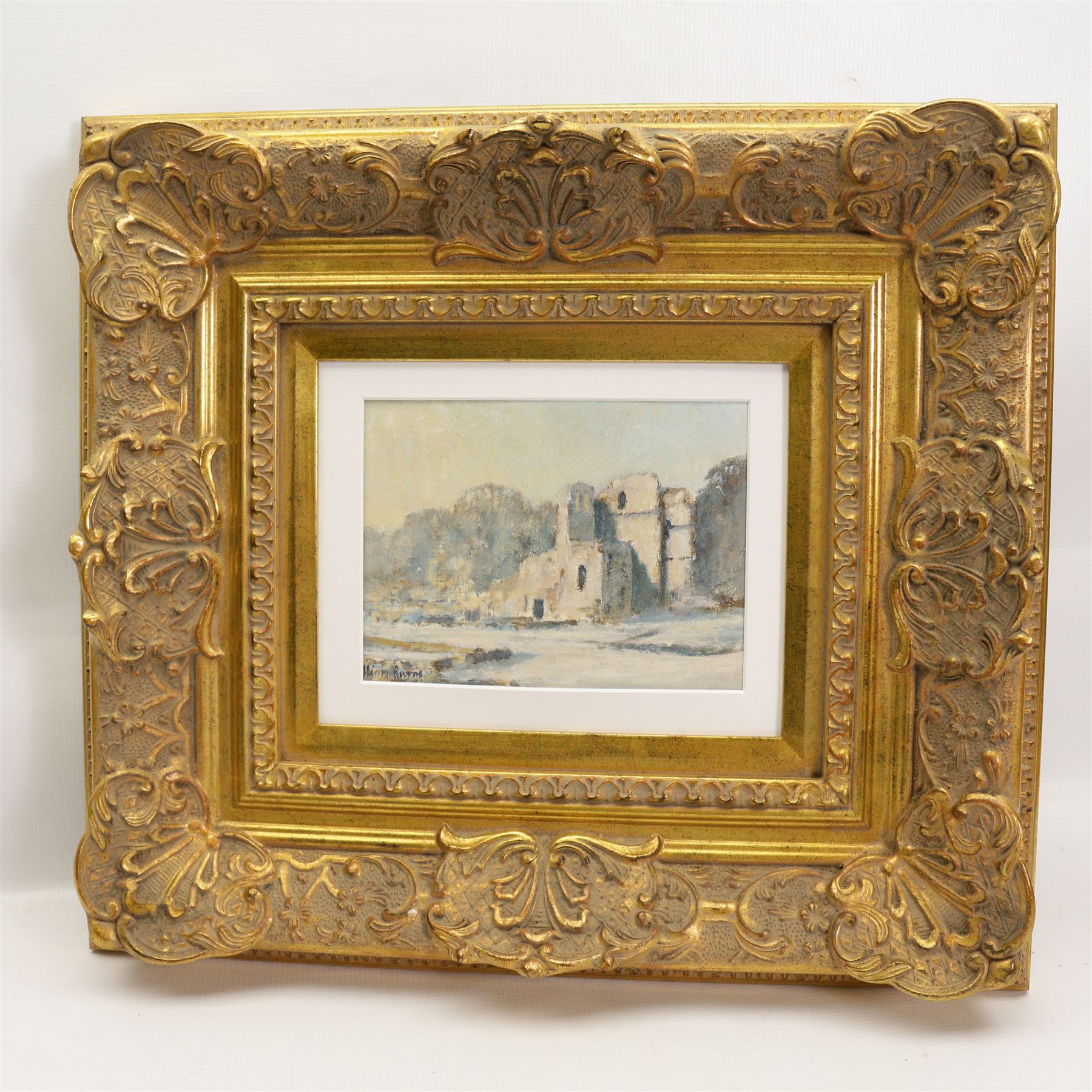 William Burns (Northern British 1923-2010): 'Snow at Roche Abbey - South Yorkshire', oil on board signed, titled verso 14cm x 19cm Provenance: Direct from the family of the artist.
Notes: Born in Sheffield in 1923, William Burns RIBA FSAI FRSA studied at the Sheffield College of Art before the outbreak of the Second World War, during which he helped illustrate the official War Diaries for the North Africa Campaign, and was elected a member of the Armed Forces Art Society. On his return, he studied architecture at Sheffield University and later ran his own successful practice, being a member of the Royal Institute of British Architects. However, painting had always been his self-confessed 'first love', and in the 1970s he gave up architecture to become a full-time artist, having his first one-man exhibition in 1979.