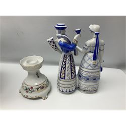 Group of six Hollohaza of Hungary figures, to include Baroque style gentleman playing mandolin and female with music sheet, examples in traditional dress, etc, together with further Hollohaza ceramics comprising bowl and plates painted with flowers and candlestick, tallest H30cm (10)