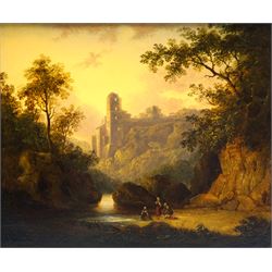 John Wallace Tucker (British 1808-1869): Fisherfolk on the Shoreline and River Gorge with Ruined Castle, pair oils on panel unsigned 25cm x 30cm (2) 
