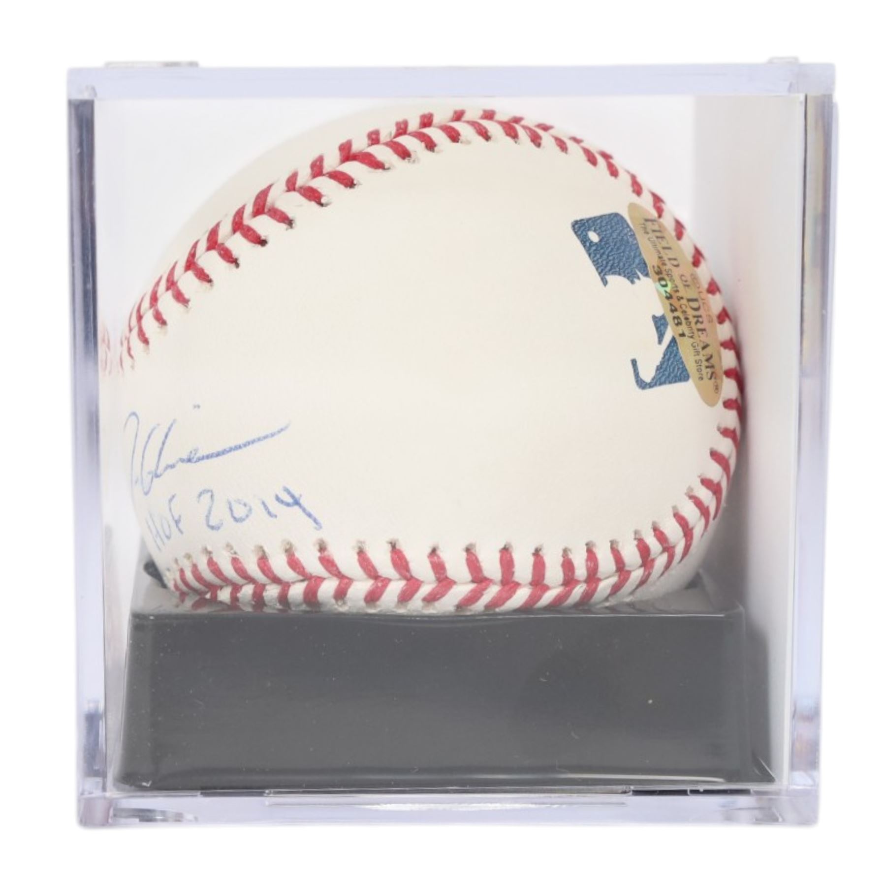 Signed Tom Glavine Rawlings baseball with HOF 2014 inscription, contained within an acrylic display box, with Field of Dreams hologram and certificate of authenticity 