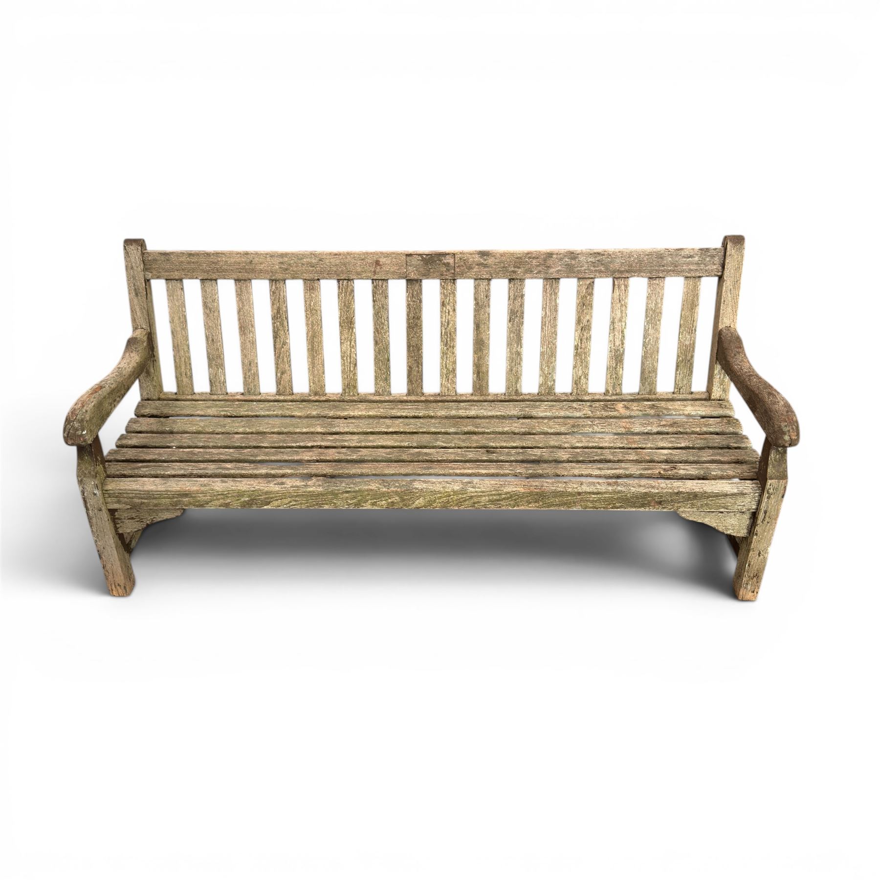 Teak garden bench with slatted back and seat raised on square supports