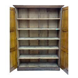 The North of England School Furnishing Company Limited Darlington - early 20th century oak school cupboard, projecting moulded cornice over two panelled doors, fitted with shelves, on chamfered plinth base 