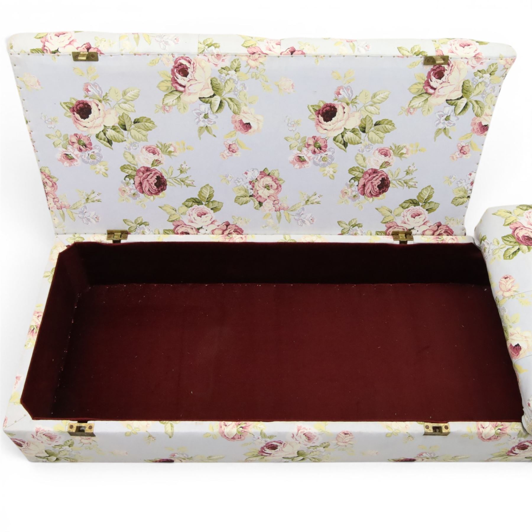 Traditional design scroll end chaise longue Ottoman, floral upholstered buttoned seat hinged to reveal a red lined interior, with reclining scroll end, raised upon squat bun feet
