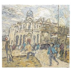 Barry De More (Yorkshire 1948-2023): 'Colne with Figures', oil on board, signed titled verso 61cm x 66cm (unframed)
Provenance: consigned by the artist's widow