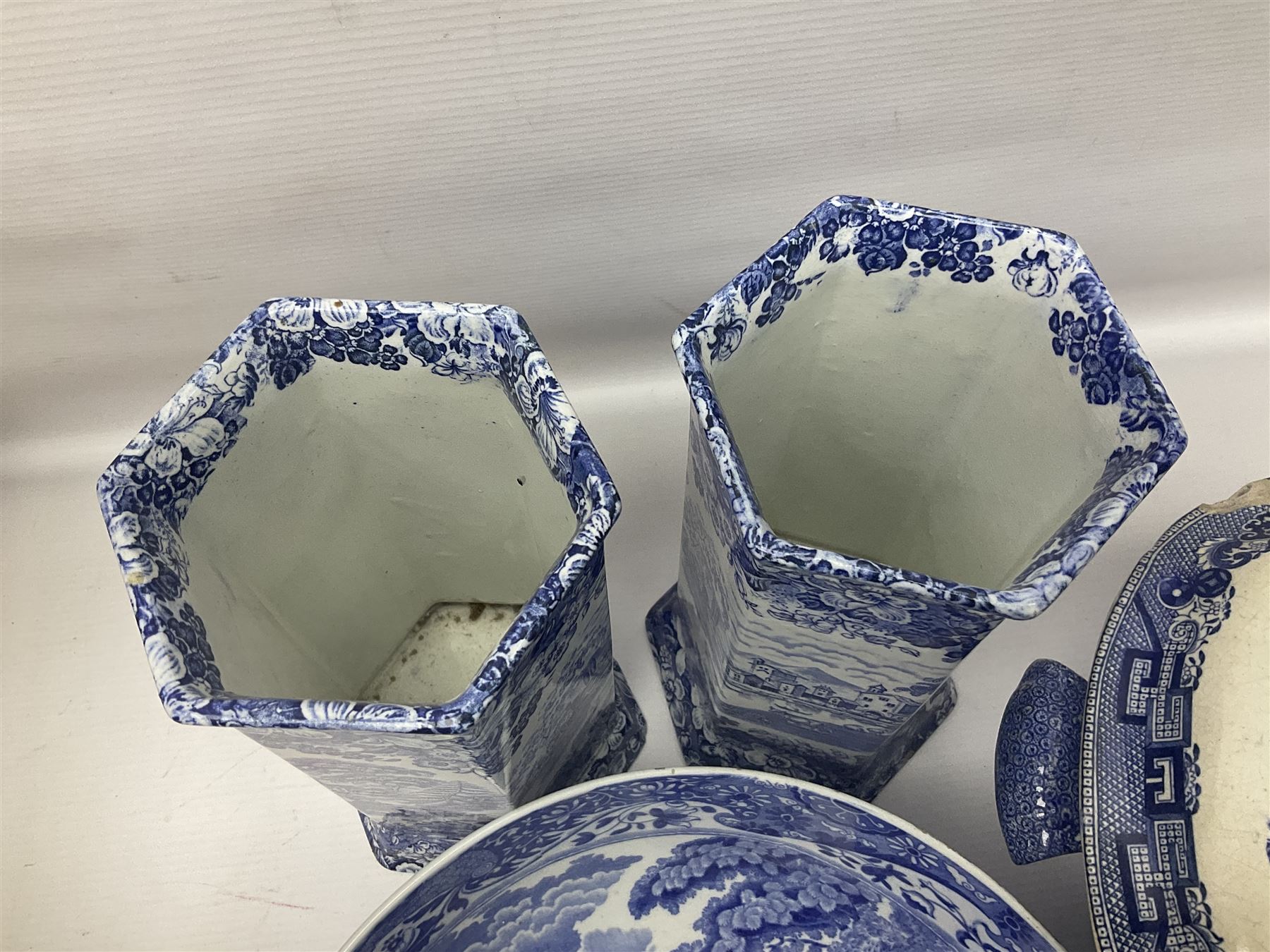Large blue and white twin handled tureen with cover, Copeland Spode bowl, oriental blue and white jar and cover and a pair of blue and white vases