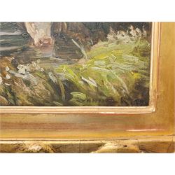 William Gunning King (British 1853-1940): Hereford Cattle Watering, oil on panel indistinctly signed and dated 1917, 36cm x 29cm