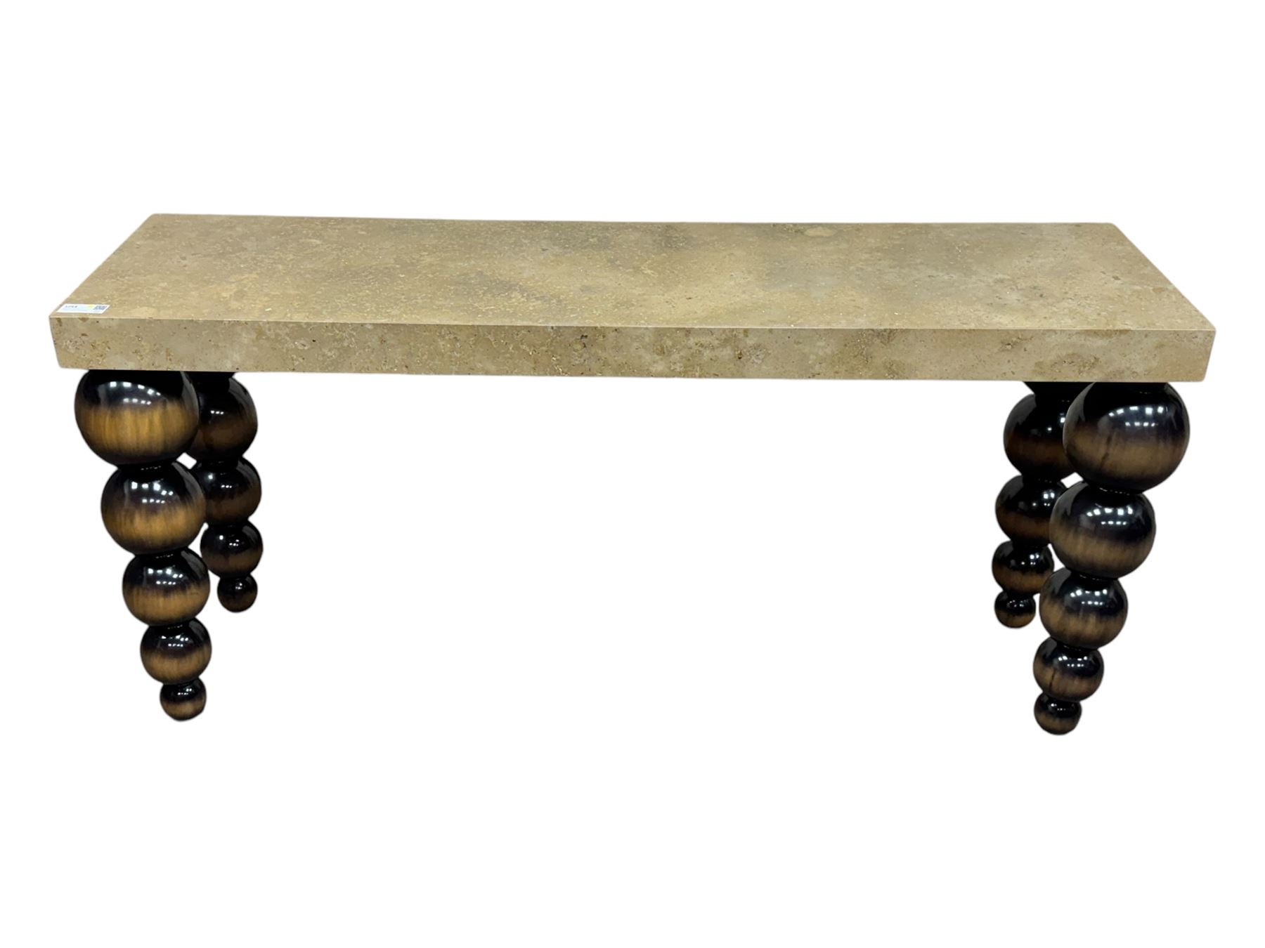 Bramley - contemporary Italian design Tivoli console table, marble top inset with gold crystals, supported by four stacked wooden supports in an antic brown lacquered finish