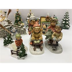 Large collection of Christmas themed Hummel figures and Hummel scapes by Goebel, to include Winter Friend, Making New Friends, Tree Trimming Time, Winter Adventure etc