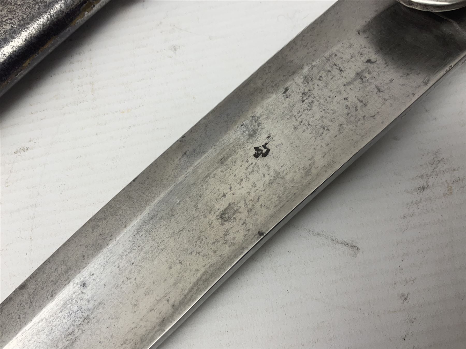 British 1796 Pattern Light Cavalry trooper's sword, the 84cm curving fullered blade stamped Hadley.1 to the back edge, steel hilt with knucklebow, D-shaped langets and leather grip; in polished steel scabbard stamped Osborn & Gunby Birmm. and W.R.16 ( ?16th Light Dragoons) with two suspension rings L100cm overall