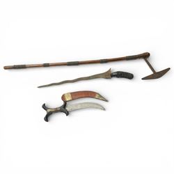 African copper currency bangle, African axe, African dagger and Malayan kris (4)