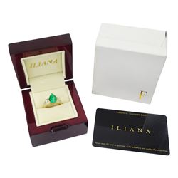18ct gold Colombian emerald and diamond ring by Iliana, single pear cut emerald of approx 3.25 carat, with three round brilliant cut diamonds set either side and diamond set shoulders, hallmarked, total diamond weight 0.53 carat